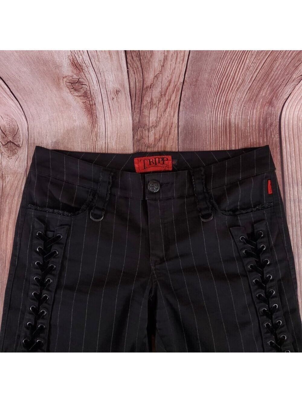 Vtg Tripp NYC Sz 13 Striper Black Tone Boot Cut Pants Pinstripe Goth Punk Y2K - Picture 3 of 15
